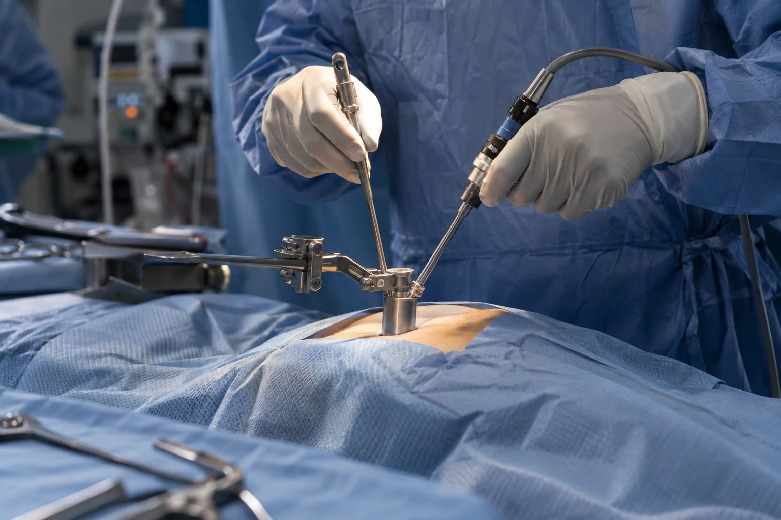 Chirurgie mini-invasive du rachis au bloc opératoire : le chirurgien travaille à travers un tube et un endoscope (illustration)