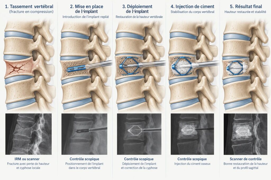 Illustration des cinq étapes d’une cyphoplastie par implant expansible : vertèbre tassée, introduction de l’implant replié, déploiement qui restaure la hauteur, injection de ciment, résultat final, avec les images de contrôle correspondantes