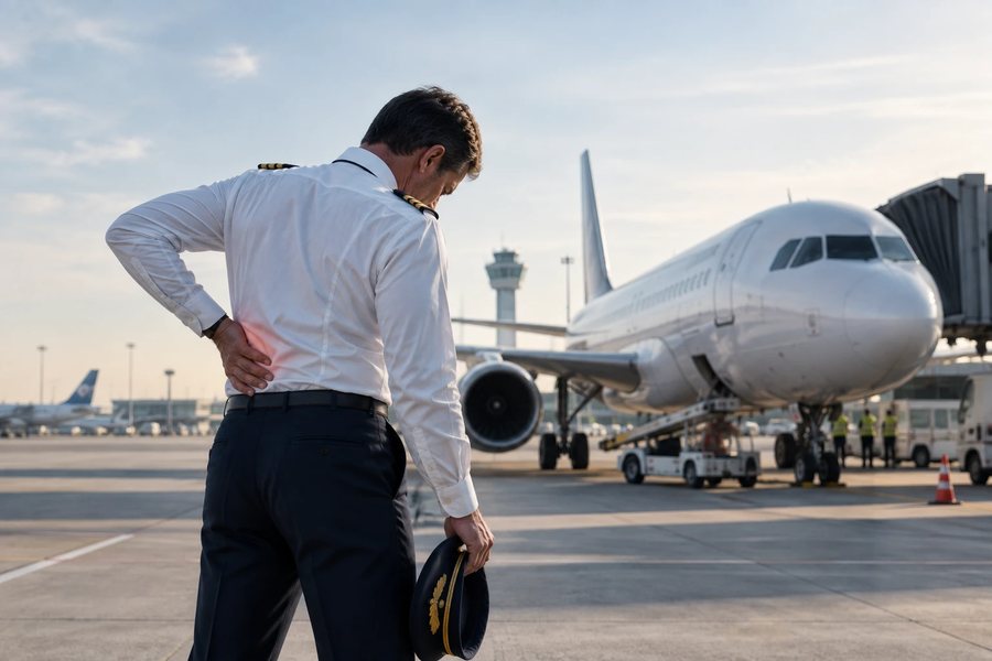 Pilote de ligne se tenant le bas du dos sur le tarmac, devant un avion de ligne