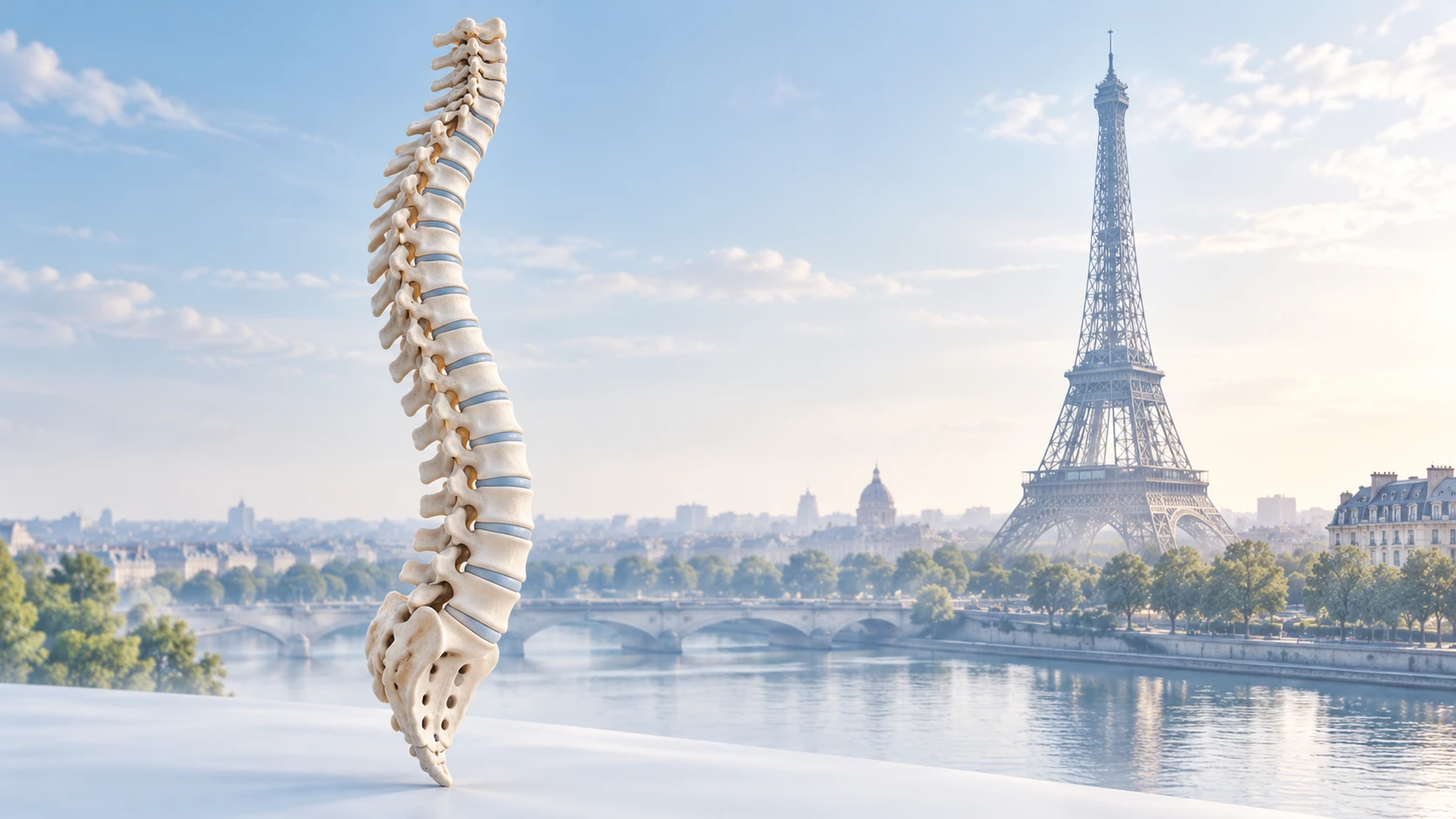 Colonne vertébrale devant la Seine et la tour Eiffel, illustration de la chirurgie du rachis à Paris pour les patients internationaux